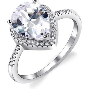 NEW 3 Carat Platinum 925 Sterling‎ Silver Pear Halo Engagement Ring, Size 7